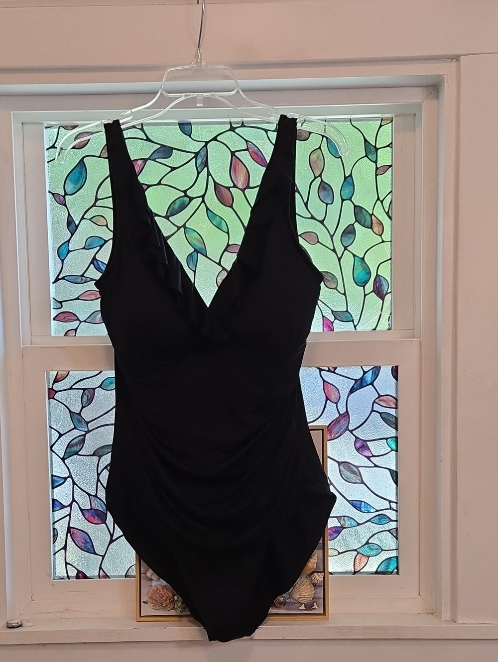 Black V-Neck Women's One-Piece Swimsuit